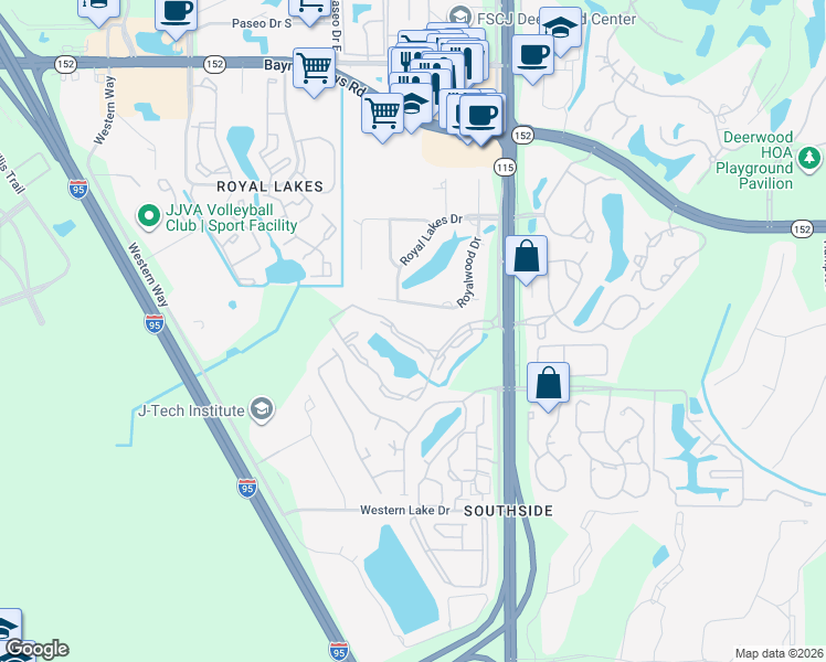 map of restaurants, bars, coffee shops, grocery stores, and more near 6201 Lake Lugano Drive in Jacksonville