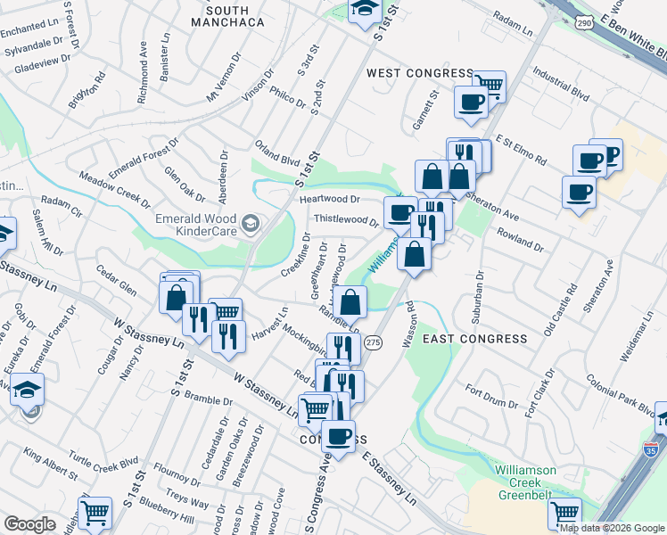 map of restaurants, bars, coffee shops, grocery stores, and more near 5107 Hedgewood Drive in Austin