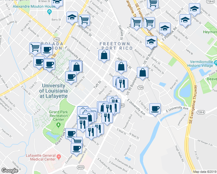 map of restaurants, bars, coffee shops, grocery stores, and more near 529 Wilson Street in Lafayette
