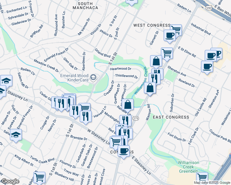 map of restaurants, bars, coffee shops, grocery stores, and more near 5112 Greenheart Drive in Austin
