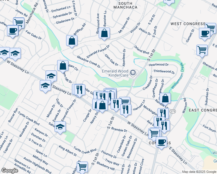 map of restaurants, bars, coffee shops, grocery stores, and more near 800A Ramble Lane in Austin