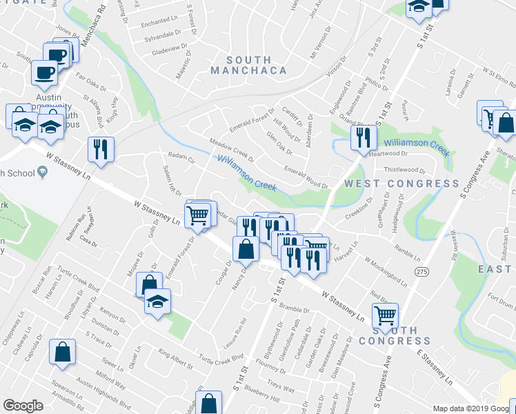 map of restaurants, bars, coffee shops, grocery stores, and more near 5420 Salem Walk Drive in Austin