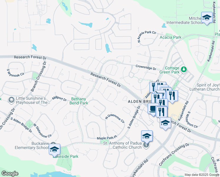 map of restaurants, bars, coffee shops, grocery stores, and more near 99 North Willow Point Circle in Spring