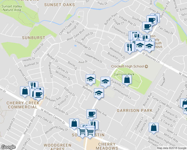 map of restaurants, bars, coffee shops, grocery stores, and more near 2306A Berkett Drive in Austin