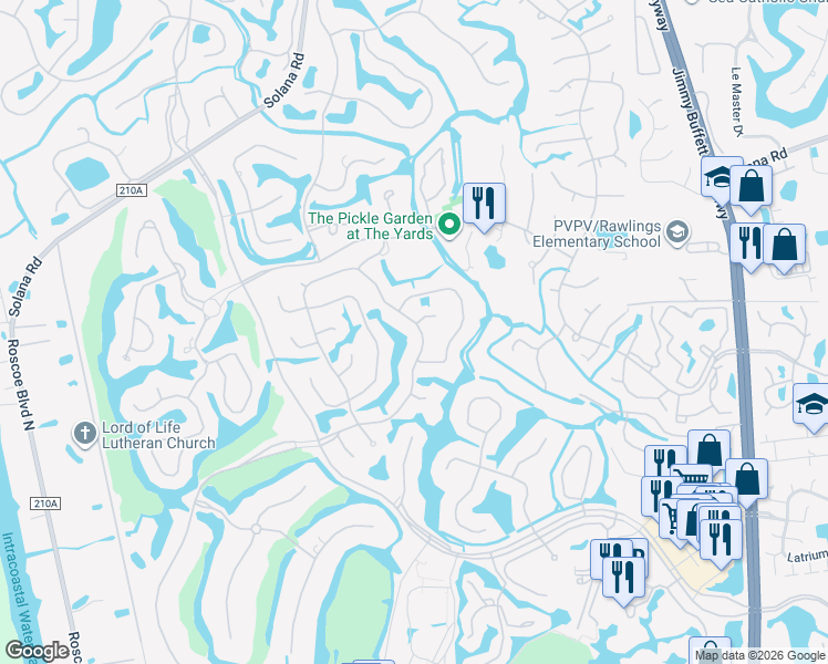 map of restaurants, bars, coffee shops, grocery stores, and more near 3031 Cypress Creek Drive in Ponte Vedra Beach