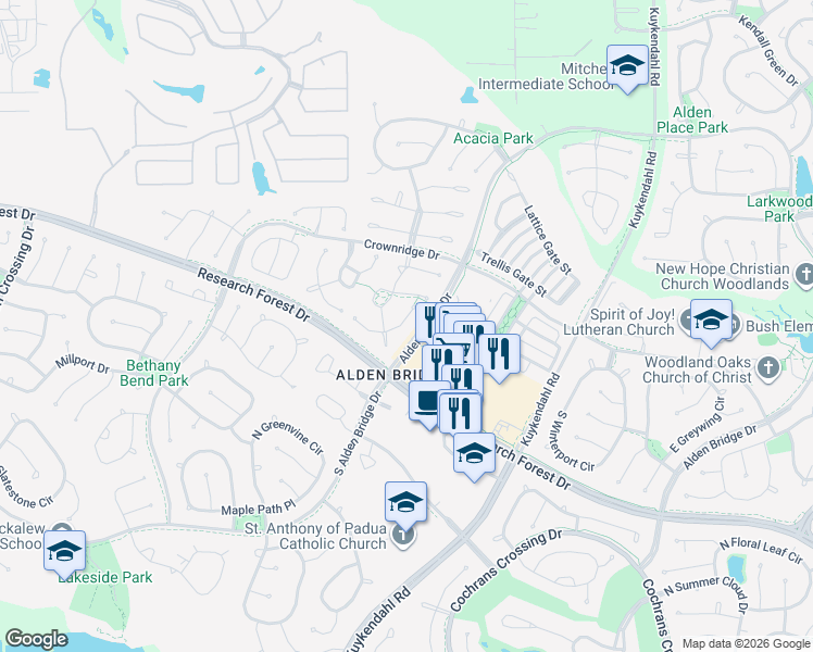 map of restaurants, bars, coffee shops, grocery stores, and more near 35 East Bellmead Place in Spring