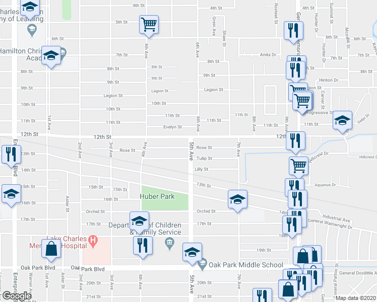 map of restaurants, bars, coffee shops, grocery stores, and more near 2116 Rose Street in Lake Charles