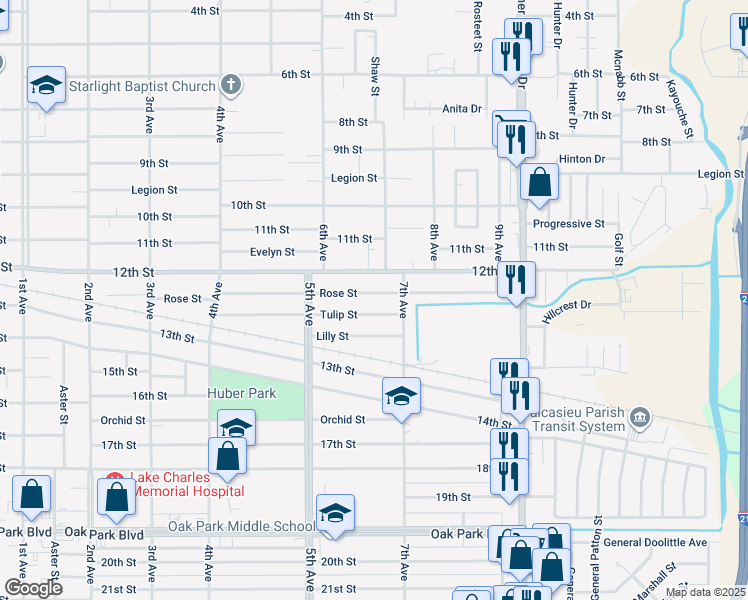 map of restaurants, bars, coffee shops, grocery stores, and more near 2237 Tulip Street in Lake Charles