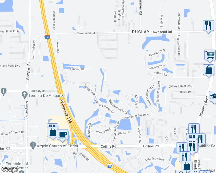map of restaurants, bars, coffee shops, grocery stores, and more near 7400 Westland Oaks Drive in Jacksonville