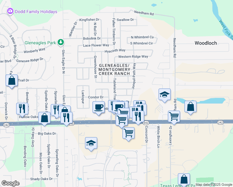 map of restaurants, bars, coffee shops, grocery stores, and more near 6709 Up Country Lane in Conroe