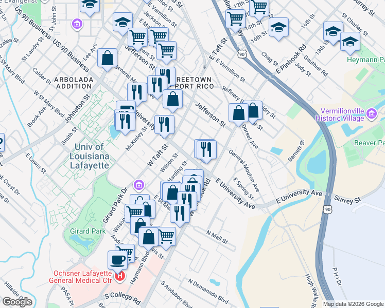 map of restaurants, bars, coffee shops, grocery stores, and more near 901 East University Avenue in Lafayette