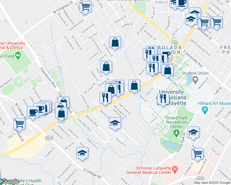 map of restaurants, bars, coffee shops, grocery stores, and more near 2006 Johnston Street in Lafayette