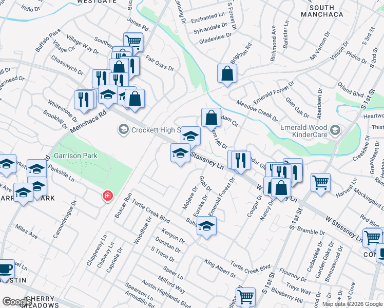 map of restaurants, bars, coffee shops, grocery stores, and more near West Stassney Lane in Austin