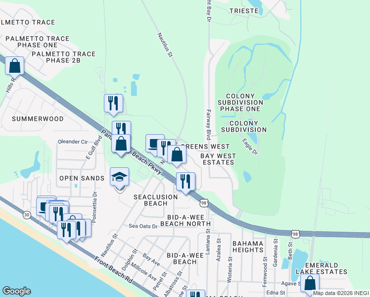 map of restaurants, bars, coffee shops, grocery stores, and more near 1604 Cape Cod Drive in Panama City Beach