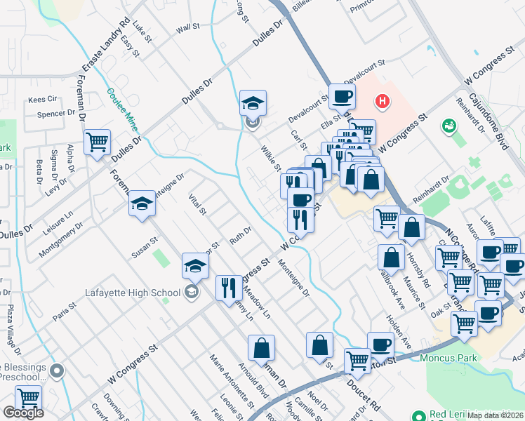 map of restaurants, bars, coffee shops, grocery stores, and more near 103 Westwood Drive in Lafayette