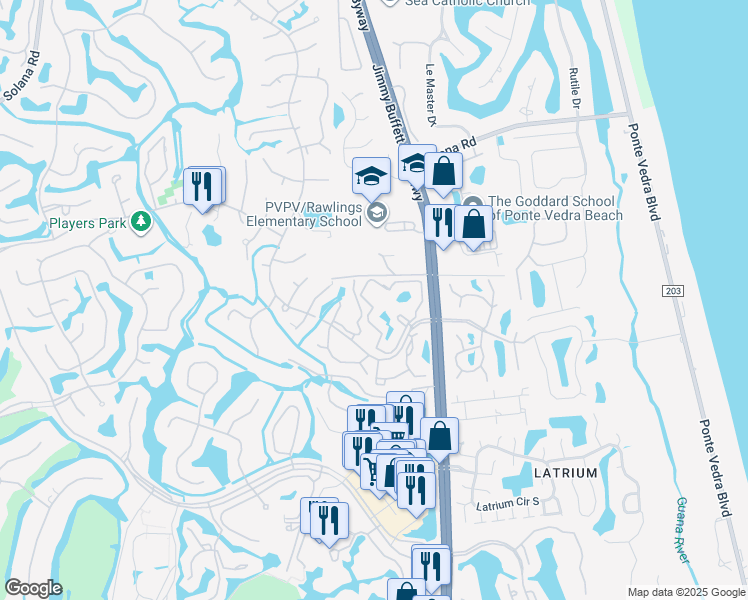 map of restaurants, bars, coffee shops, grocery stores, and more near 1 Arbor Club Drive in Ponte Vedra Beach