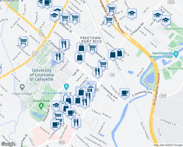 map of restaurants, bars, coffee shops, grocery stores, and more near 419 Harding Street in Lafayette