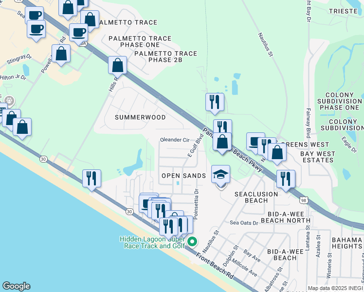 map of restaurants, bars, coffee shops, grocery stores, and more near 304 Hibiscus Avenue in Panama City Beach