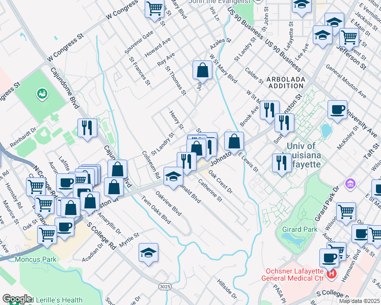 map of restaurants, bars, coffee shops, grocery stores, and more near 210 Saint Michael Street in Lafayette