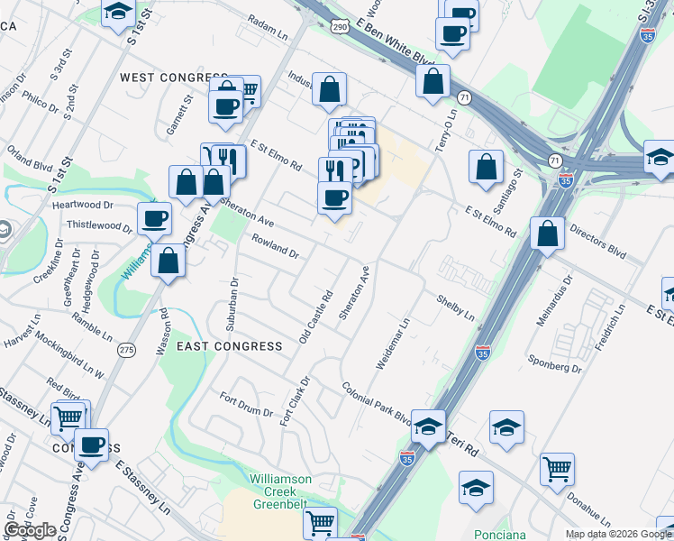 map of restaurants, bars, coffee shops, grocery stores, and more near 4701 Old Castle Road in Austin