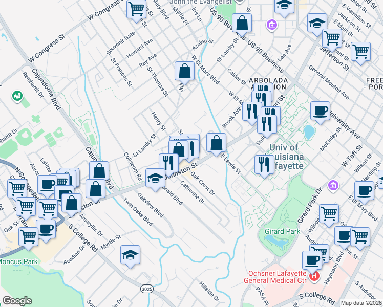 map of restaurants, bars, coffee shops, grocery stores, and more near 2006 Johnston Street in Lafayette