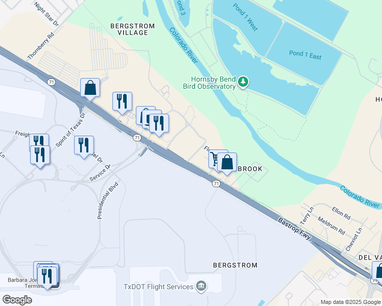map of restaurants, bars, coffee shops, grocery stores, and more near 2705 East Highway 71 in Del Valle