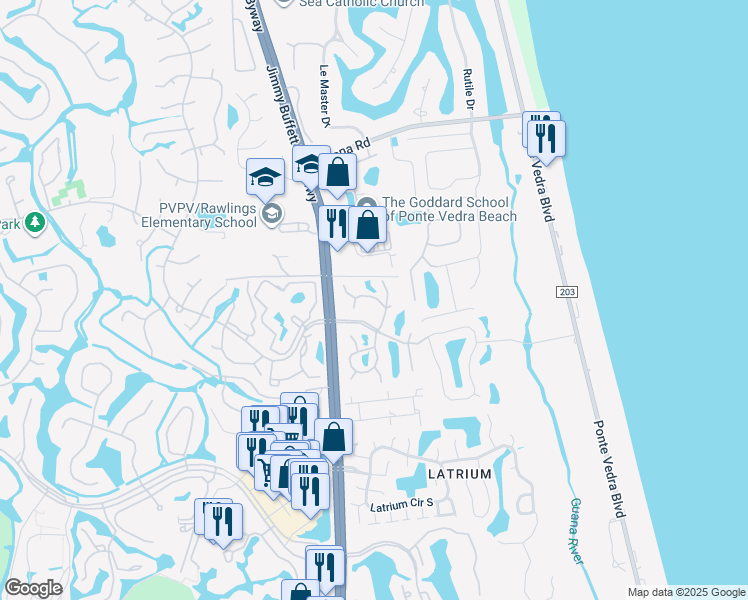 map of restaurants, bars, coffee shops, grocery stores, and more near 718 Sandcastle Drive in Ponte Vedra Beach