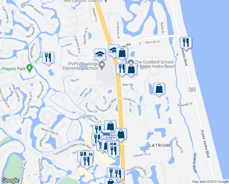 map of restaurants, bars, coffee shops, grocery stores, and more near 4573 Ocean Place in Ponte Vedra Beach