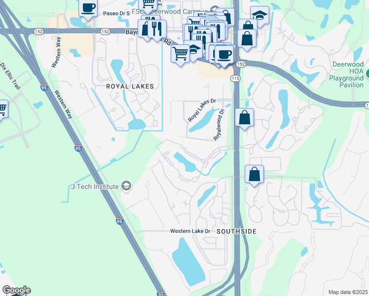 map of restaurants, bars, coffee shops, grocery stores, and more near 6190 Lake Lugano Drive in Jacksonville