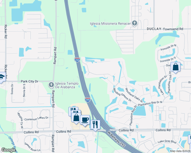 map of restaurants, bars, coffee shops, grocery stores, and more near 7304 Steventon Way in Jacksonville