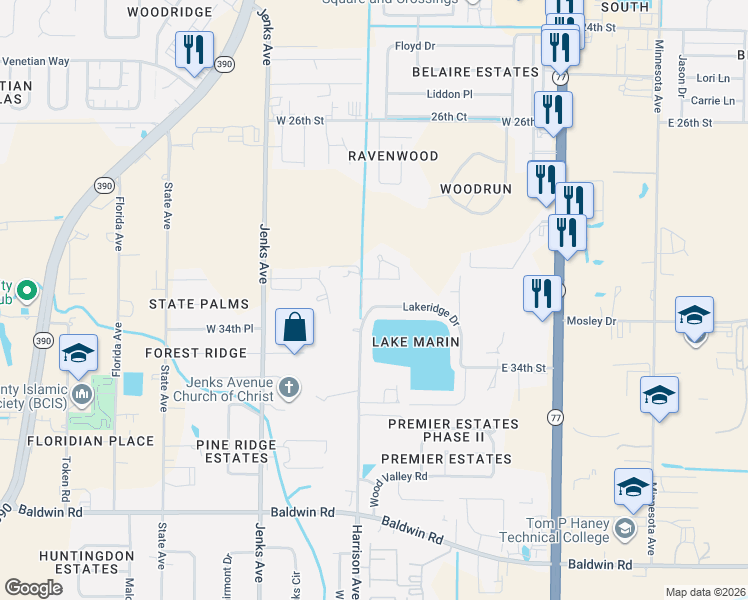 map of restaurants, bars, coffee shops, grocery stores, and more near 104 Lakeridge Drive in Panama City
