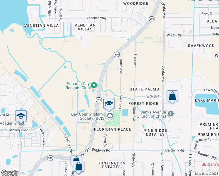 map of restaurants, bars, coffee shops, grocery stores, and more near 3505 Florida Avenue in Panama City