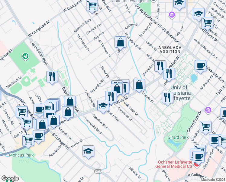 map of restaurants, bars, coffee shops, grocery stores, and more near 215 Saint Michael Street in Lafayette