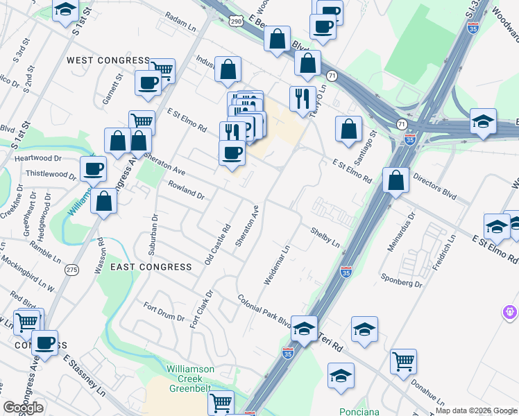 map of restaurants, bars, coffee shops, grocery stores, and more near 410 Colonial Park Boulevard in Austin