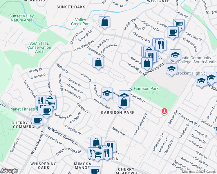 map of restaurants, bars, coffee shops, grocery stores, and more near 2306A Berkett Drive in Austin