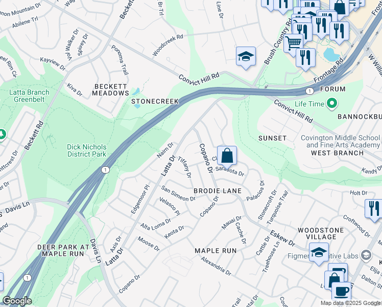 map of restaurants, bars, coffee shops, grocery stores, and more near 4608 Clarno Drive in Austin