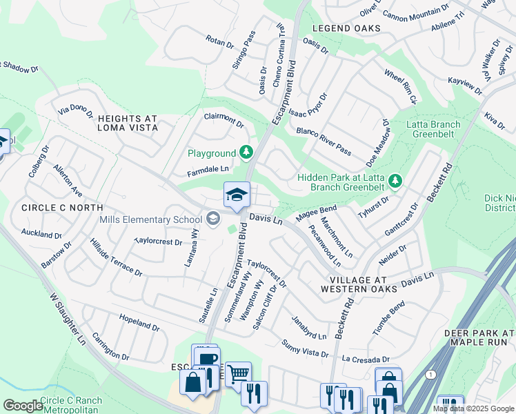 map of restaurants, bars, coffee shops, grocery stores, and more near 8701 Escarpment Boulevard in Austin