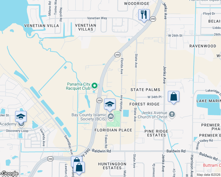 map of restaurants, bars, coffee shops, grocery stores, and more near 3505 Florida Avenue in Panama City