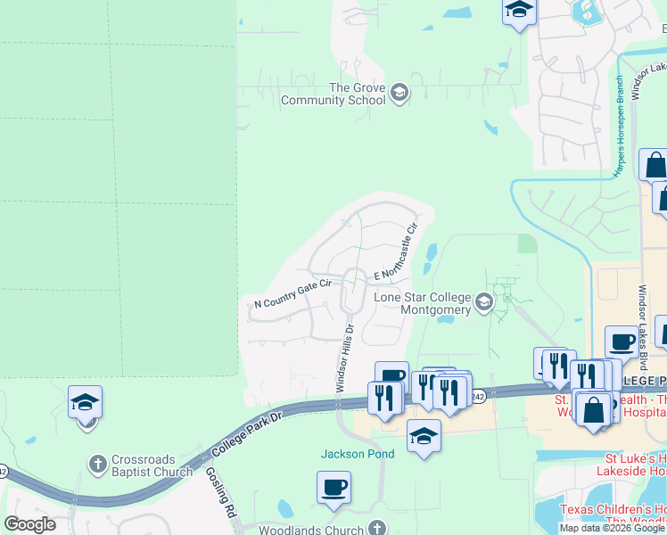 map of restaurants, bars, coffee shops, grocery stores, and more near 23 North Country Gate Circle in Conroe
