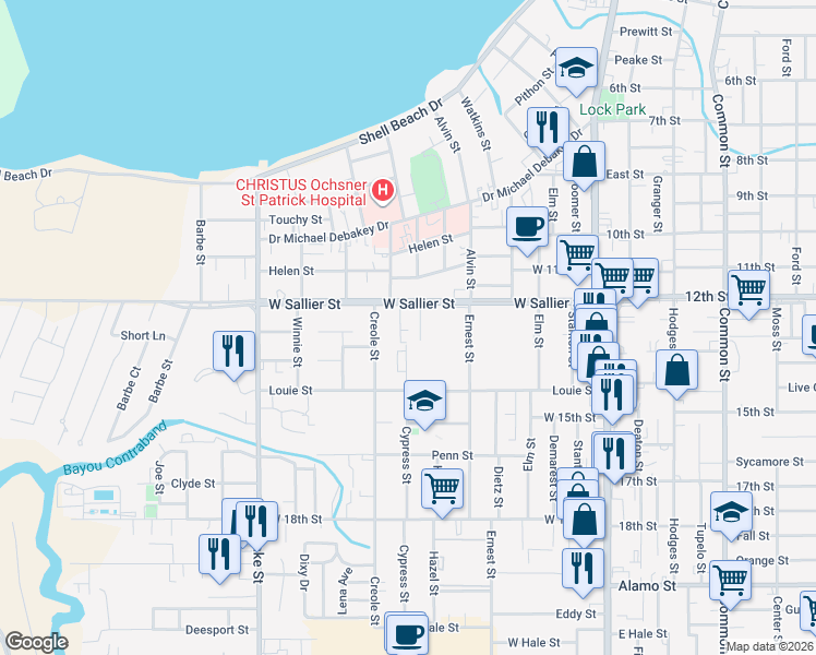 map of restaurants, bars, coffee shops, grocery stores, and more near 2205-2215 Cypress Street in Lake Charles