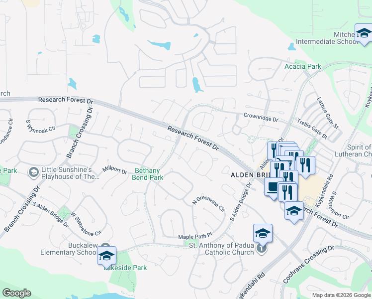 map of restaurants, bars, coffee shops, grocery stores, and more near 159 North Willow Point Circle in The Woodlands