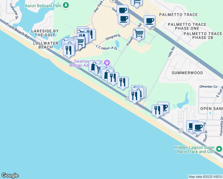 map of restaurants, bars, coffee shops, grocery stores, and more near 15615 Front Beach Road in Panama City
