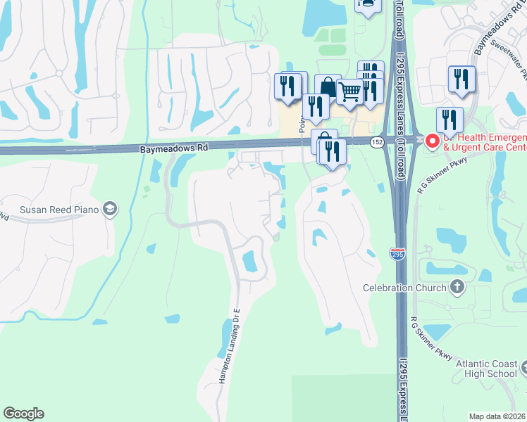 map of restaurants, bars, coffee shops, grocery stores, and more near 10550-4 Baymeadows Ap in Jacksonville