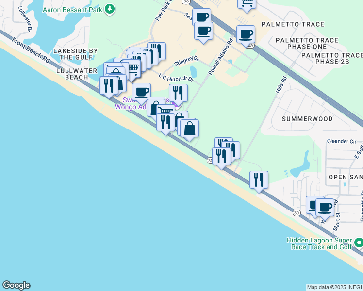 map of restaurants, bars, coffee shops, grocery stores, and more near 15615 Front Beach Road in Panama City