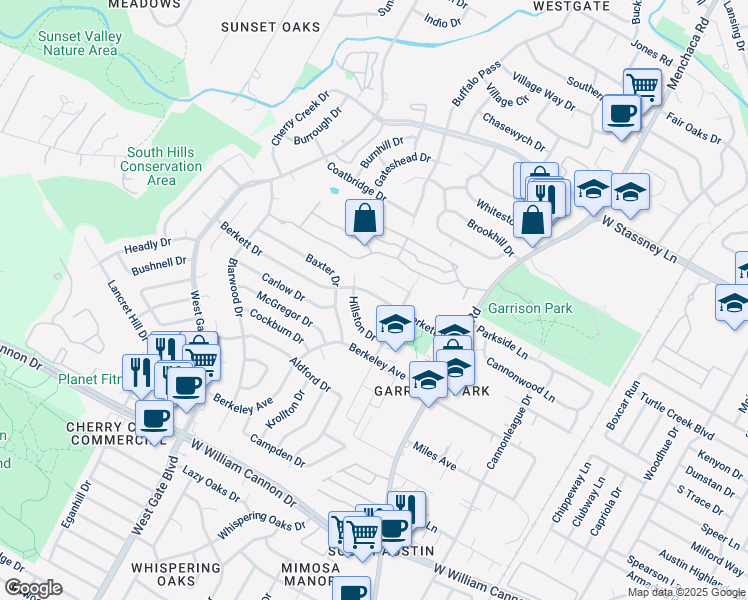 map of restaurants, bars, coffee shops, grocery stores, and more near 6206 Berkett Cove in Austin