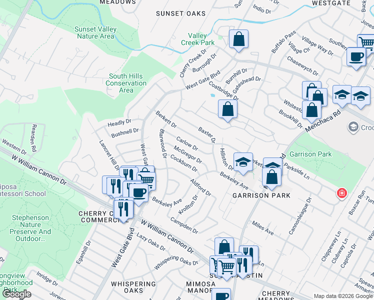 map of restaurants, bars, coffee shops, grocery stores, and more near 2515 Mc Gregor Drive in Austin