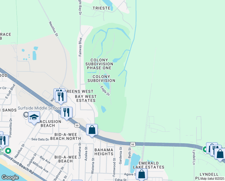map of restaurants, bars, coffee shops, grocery stores, and more near 242 Eagle Drive in Panama City
