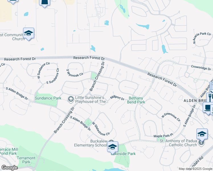 map of restaurants, bars, coffee shops, grocery stores, and more near 47 Hidden Meadow Drive in The Woodlands
