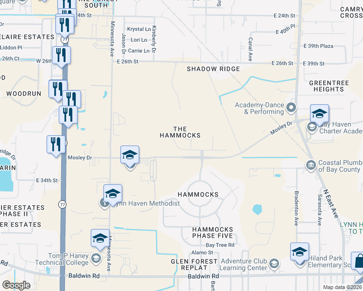 map of restaurants, bars, coffee shops, grocery stores, and more near 3164 Meadow Street in Lynn Haven