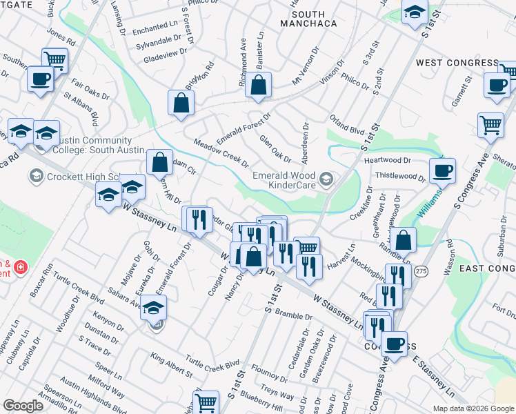 map of restaurants, bars, coffee shops, grocery stores, and more near 810 Ramble Lane in Austin